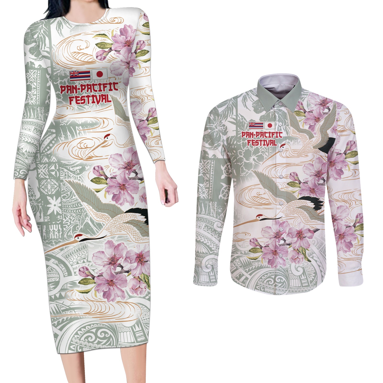 Personalized Japanese Shirasagi Bird Couples Matching Long Sleeve Bodycon Dress and Long Sleeve Button Shirt Sakura and Hibiscus Polynesian Pattern LT9 - Wonder Print Shop