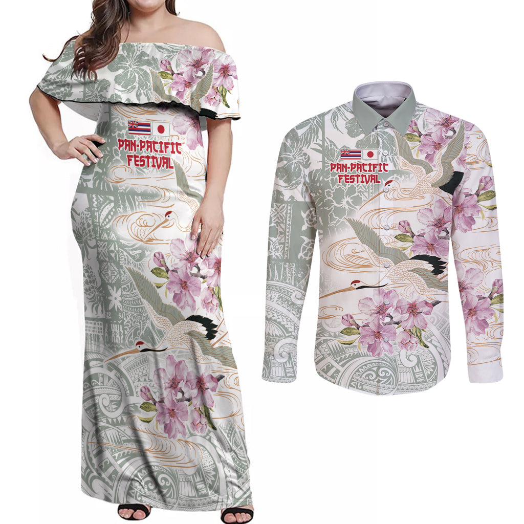 Personalized Japanese Shirasagi Bird Couples Matching Off Shoulder Maxi Dress and Long Sleeve Button Shirt Sakura and Hibiscus Polynesian Pattern LT9 - Wonder Print Shop