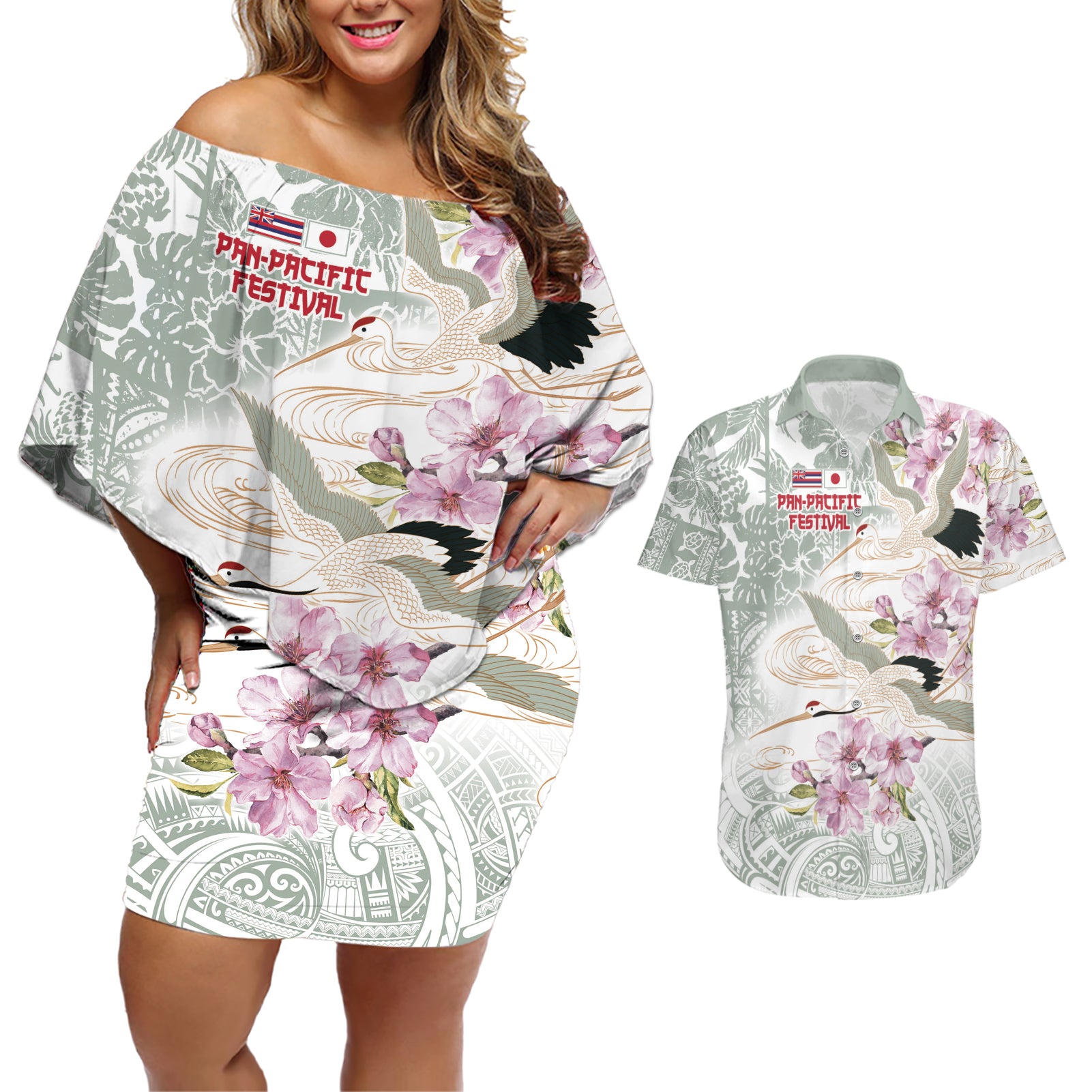 Personalized Japanese Shirasagi Bird Couples Matching Off Shoulder Short Dress and Hawaiian Shirt Sakura and Hibiscus Polynesian Pattern LT9 - Wonder Print Shop