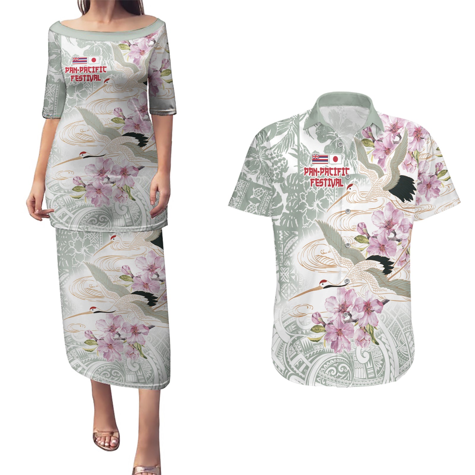 Personalized Japanese Shirasagi Bird Couples Matching Puletasi and Hawaiian Shirt Sakura and Hibiscus Polynesian Pattern LT9 - Wonder Print Shop