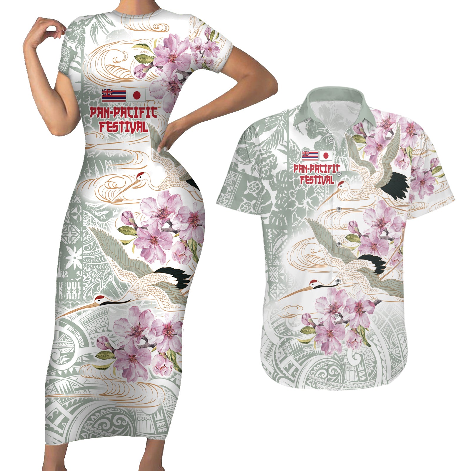 Personalized Japanese Shirasagi Bird Couples Matching Short Sleeve Bodycon Dress and Hawaiian Shirt Sakura and Hibiscus Polynesian Pattern LT9 - Wonder Print Shop