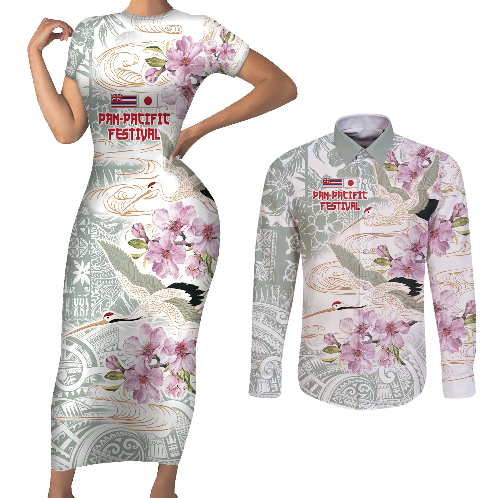 Personalized Japanese Shirasagi Bird Couples Matching Short Sleeve Bodycon Dress and Long Sleeve Button Shirt Sakura and Hibiscus Polynesian Pattern LT9 - Wonder Print Shop