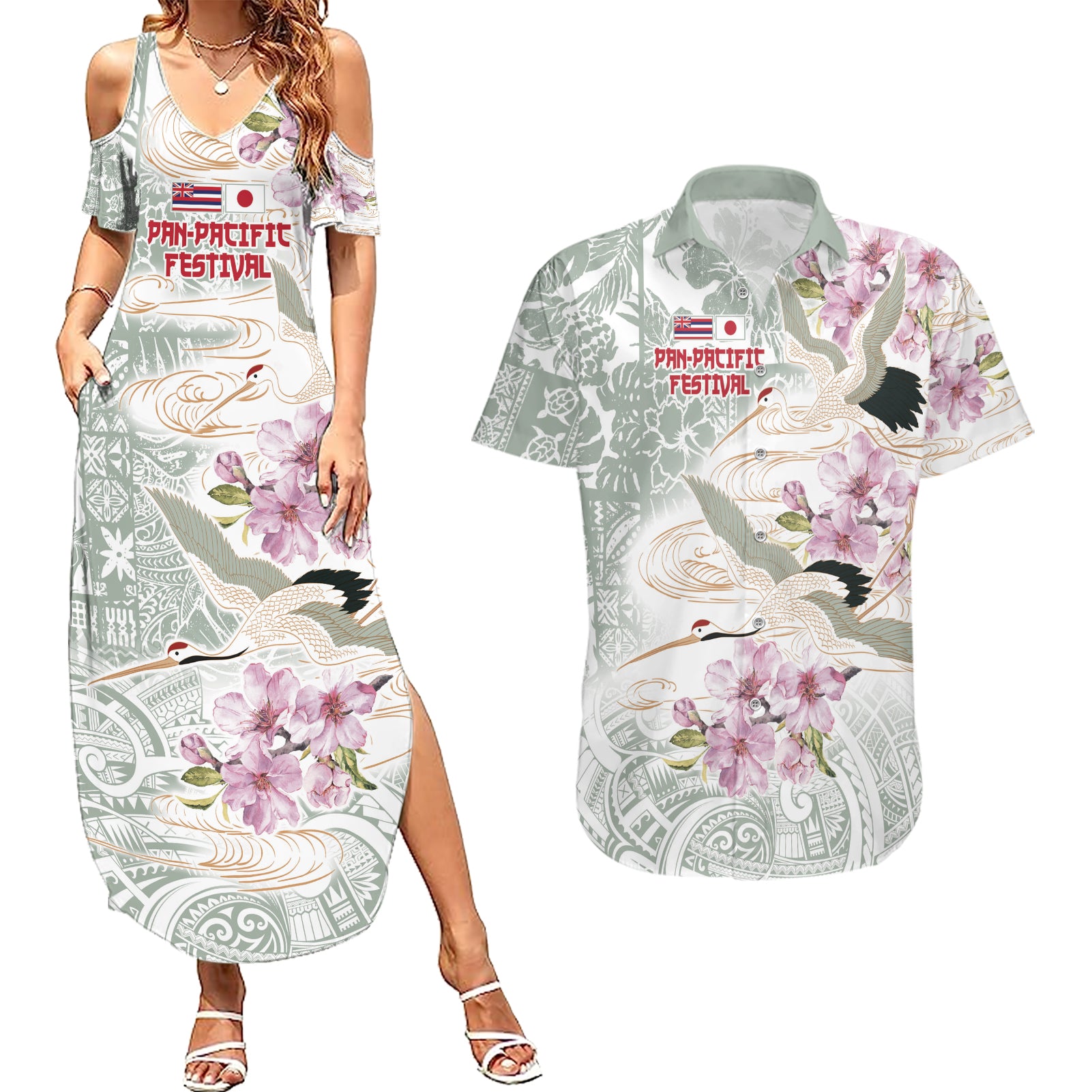 Personalized Japanese Shirasagi Bird Couples Matching Summer Maxi Dress and Hawaiian Shirt Sakura and Hibiscus Polynesian Pattern LT9 - Wonder Print Shop