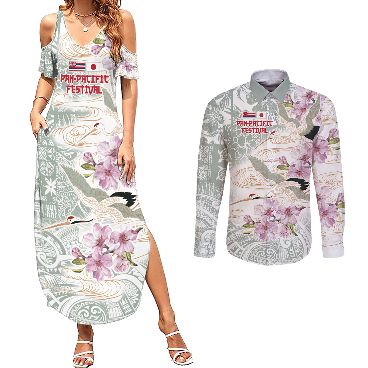 Personalized Japanese Shirasagi Bird Couples Matching Summer Maxi Dress and Long Sleeve Button Shirt Sakura and Hibiscus Polynesian Pattern LT9 - Wonder Print Shop