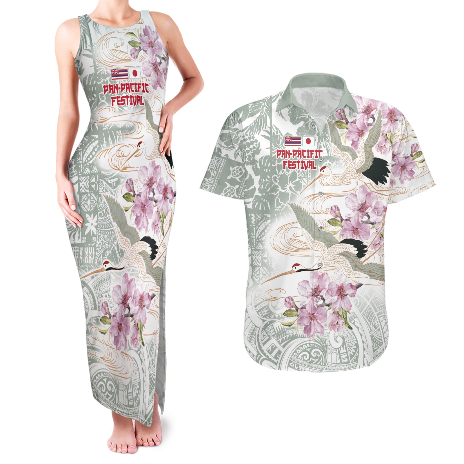 Personalized Japanese Shirasagi Bird Couples Matching Tank Maxi Dress and Hawaiian Shirt Sakura and Hibiscus Polynesian Pattern LT9 - Wonder Print Shop