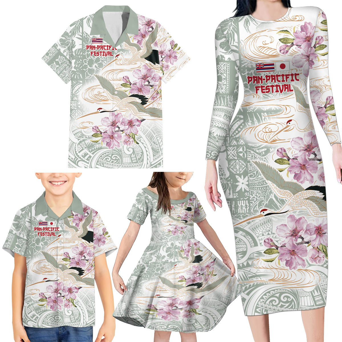 Personalized Japanese Shirasagi Bird Family Matching Long Sleeve Bodycon Dress and Hawaiian Shirt Sakura and Hibiscus Polynesian Pattern LT9 - Wonder Print Shop