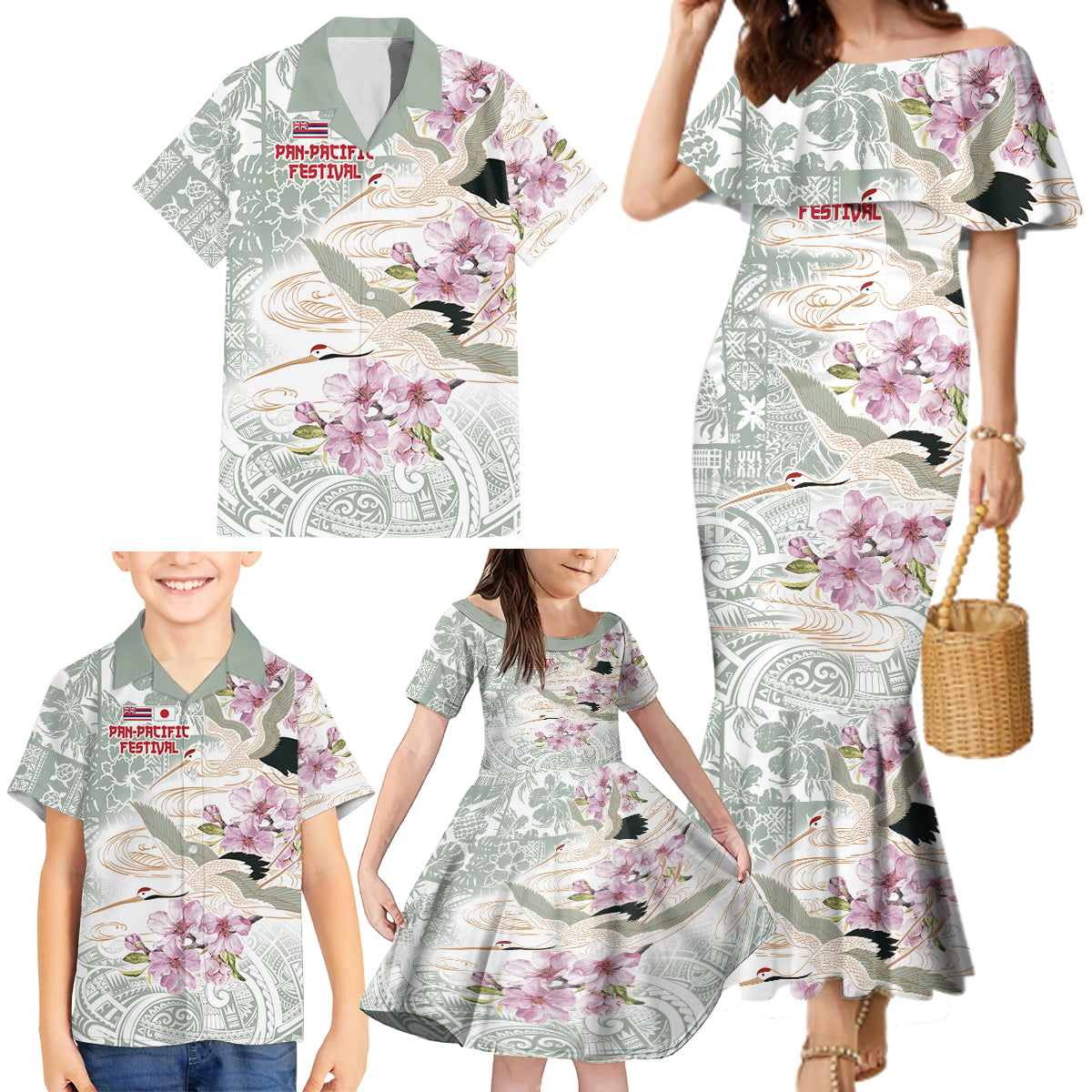 Personalized Japanese Shirasagi Bird Family Matching Mermaid Dress and Hawaiian Shirt Sakura and Hibiscus Polynesian Pattern LT9 - Wonder Print Shop