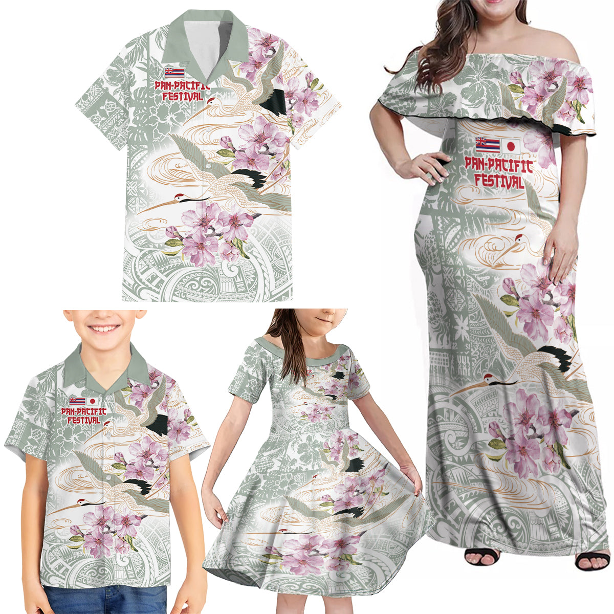 Personalized Japanese Shirasagi Bird Family Matching Off Shoulder Maxi Dress and Hawaiian Shirt Sakura and Hibiscus Polynesian Pattern LT9 - Wonder Print Shop