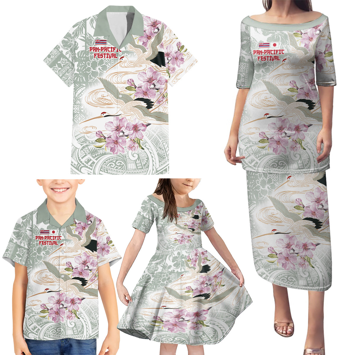 Personalized Japanese Shirasagi Bird Family Matching Puletasi and Hawaiian Shirt Sakura and Hibiscus Polynesian Pattern - Wonder Print Shop