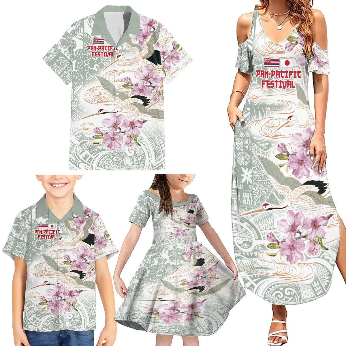 Personalized Japanese Shirasagi Bird Family Matching Summer Maxi Dress and Hawaiian Shirt Sakura and Hibiscus Polynesian Pattern - Wonder Print Shop