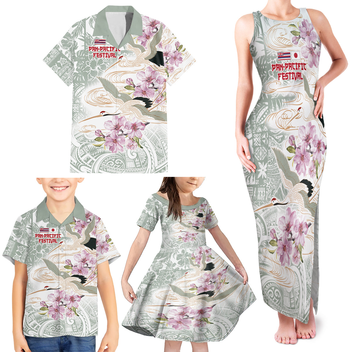 Personalized Japanese Shirasagi Bird Family Matching Tank Maxi Dress and Hawaiian Shirt Sakura and Hibiscus Polynesian Pattern - Wonder Print Shop