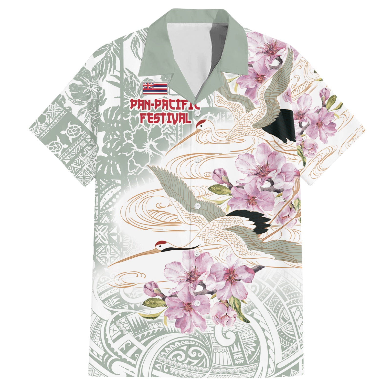 Personalized Japanese Shirasagi Bird Hawaiian Shirt Sakura and Hibiscus Polynesian Pattern - Wonder Print Shop