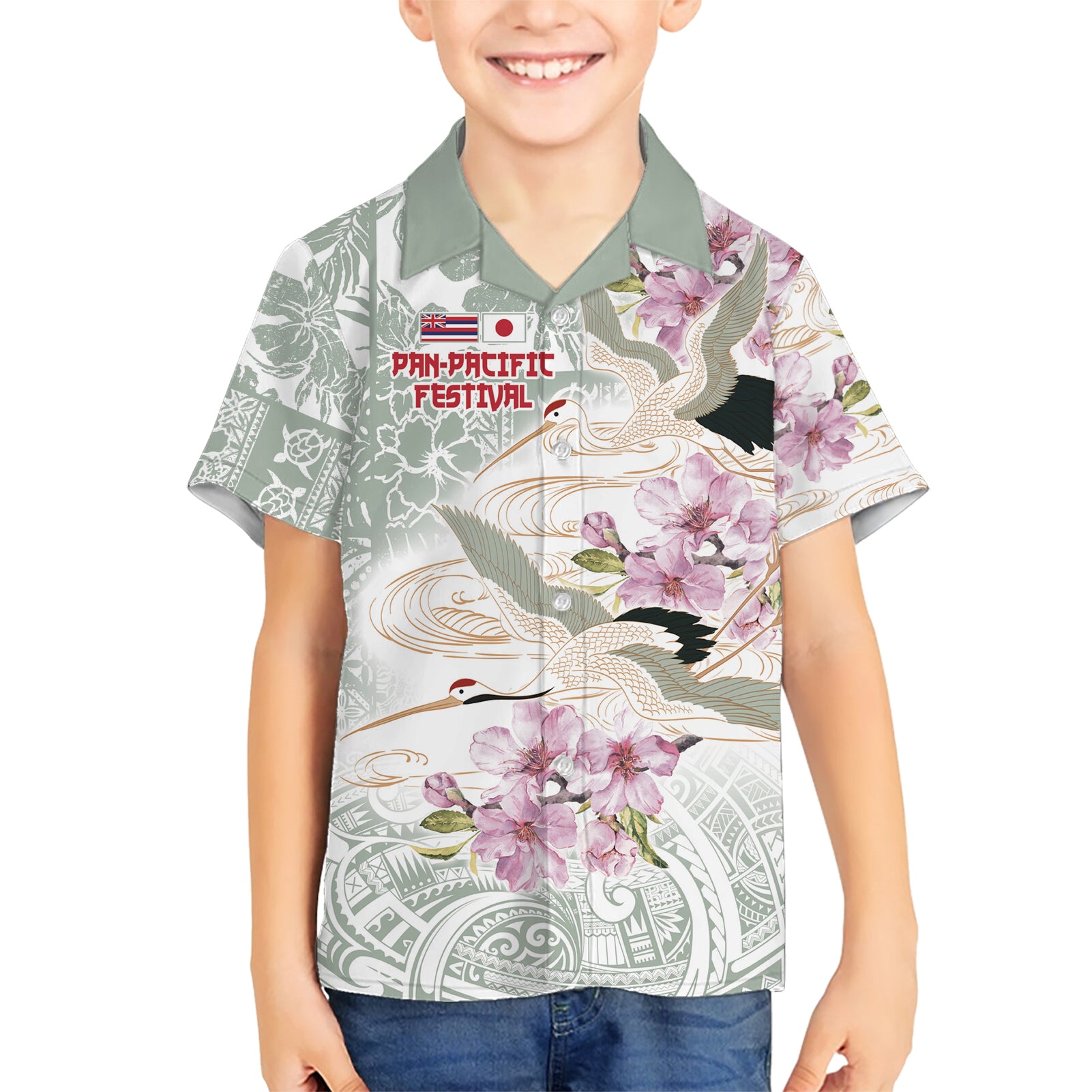 Personalized Japanese Shirasagi Bird Kid Hawaiian Shirt Sakura and Hibiscus Polynesian Pattern - Wonder Print Shop