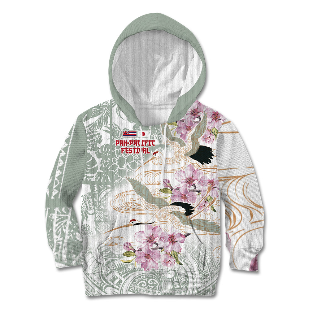 Personalized Japanese Shirasagi Bird Kid Hoodie Sakura and Hibiscus Polynesian Pattern - Wonder Print Shop