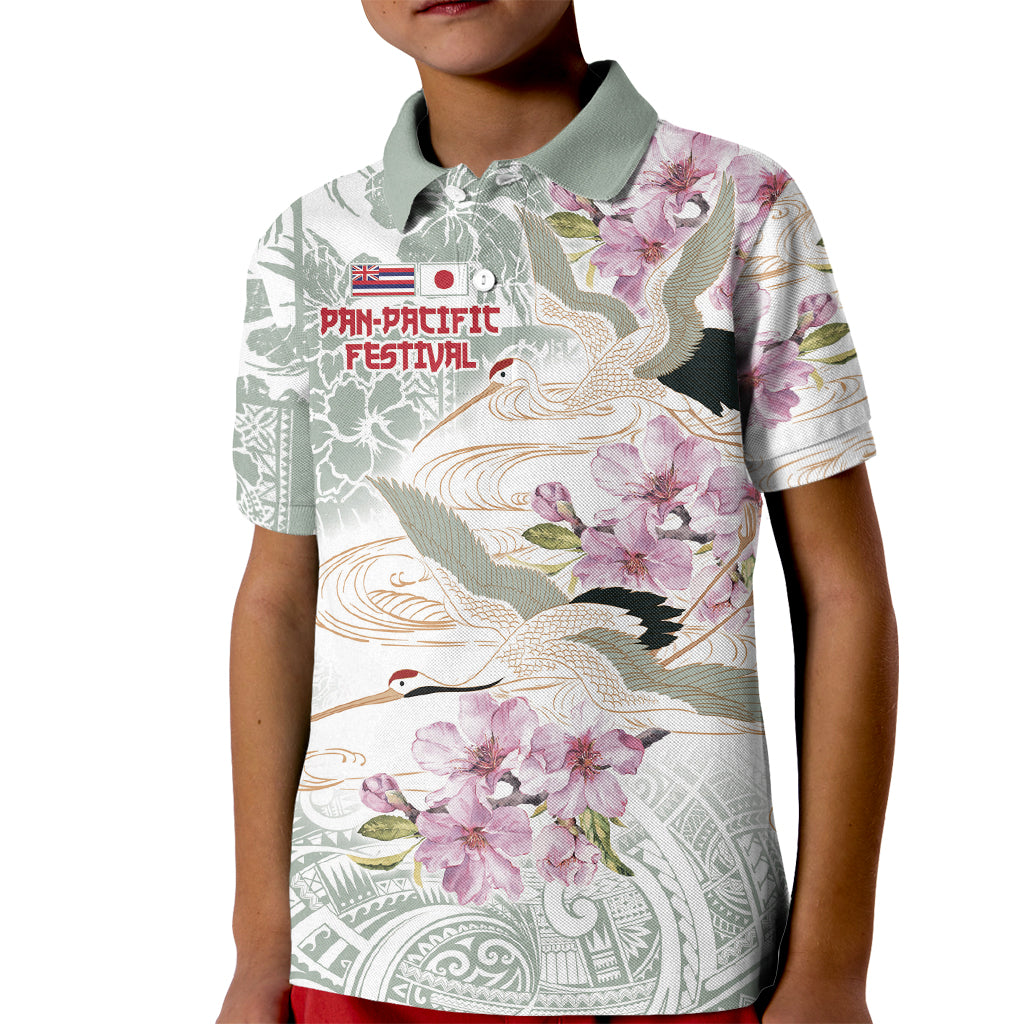 Personalized Japanese Shirasagi Bird Kid Polo Shirt Sakura and Hibiscus Polynesian Pattern - Wonder Print Shop