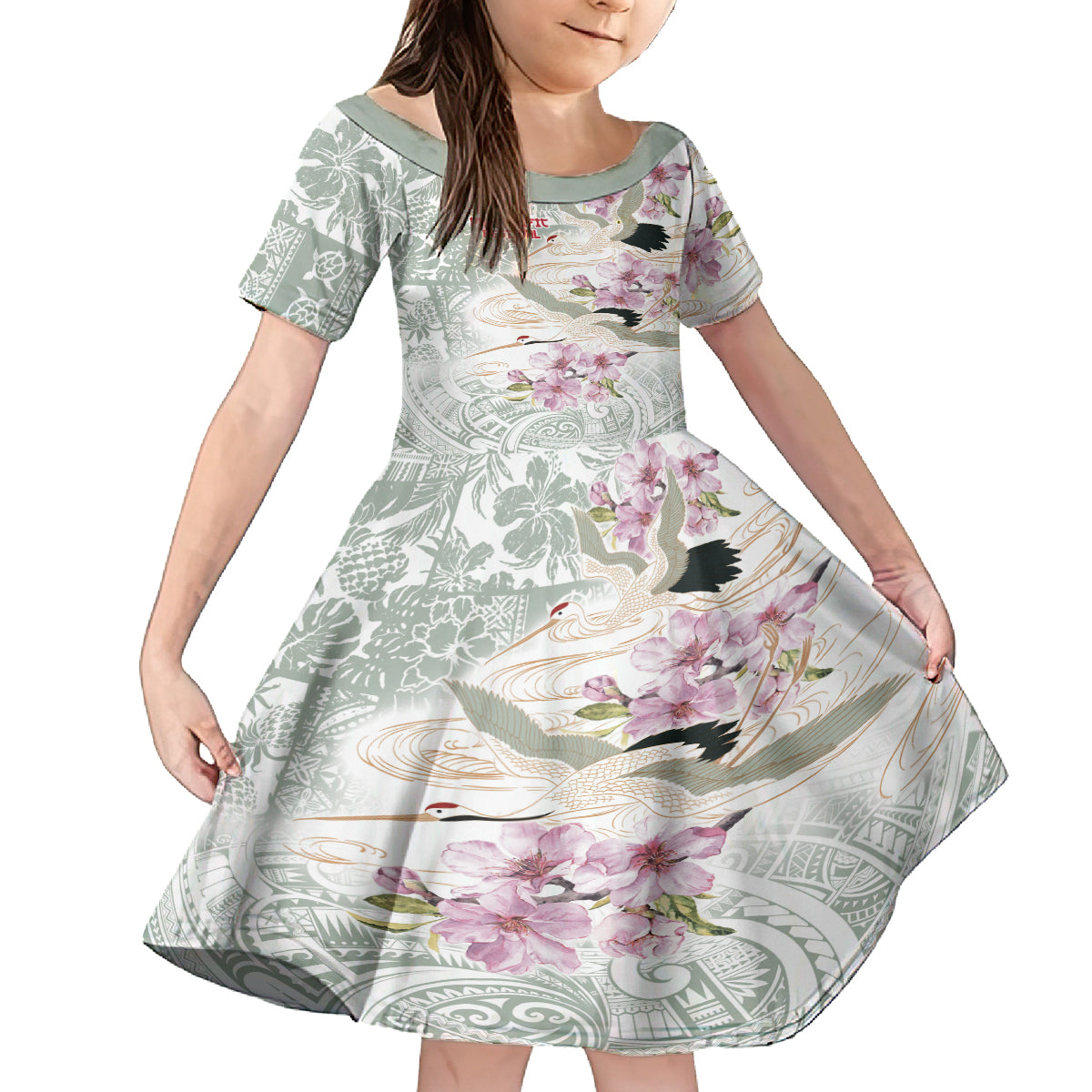 Personalized Japanese Shirasagi Bird Kid Short Sleeve Dress Sakura and Hibiscus Polynesian Pattern - Wonder Print Shop