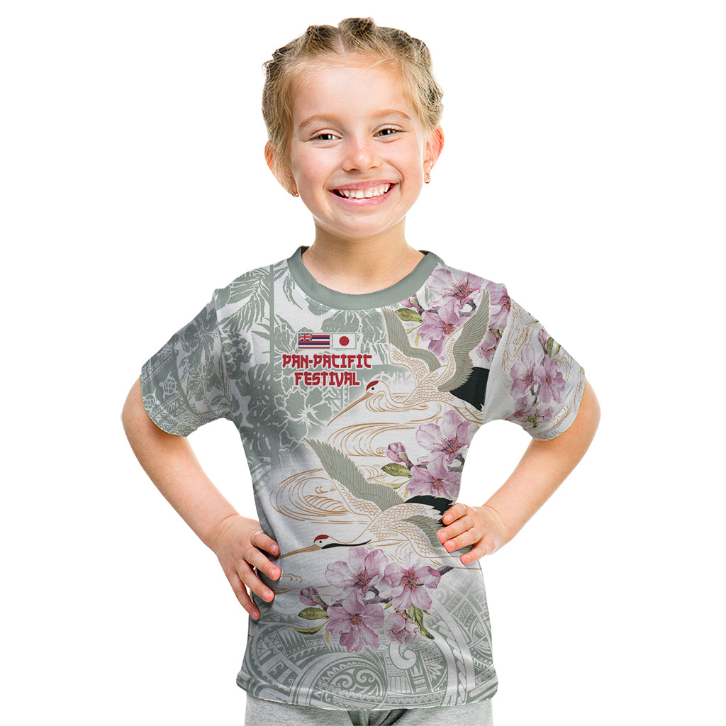 Personalized Japanese Shirasagi Bird Kid T Shirt Sakura and Hibiscus Polynesian Pattern - Wonder Print Shop