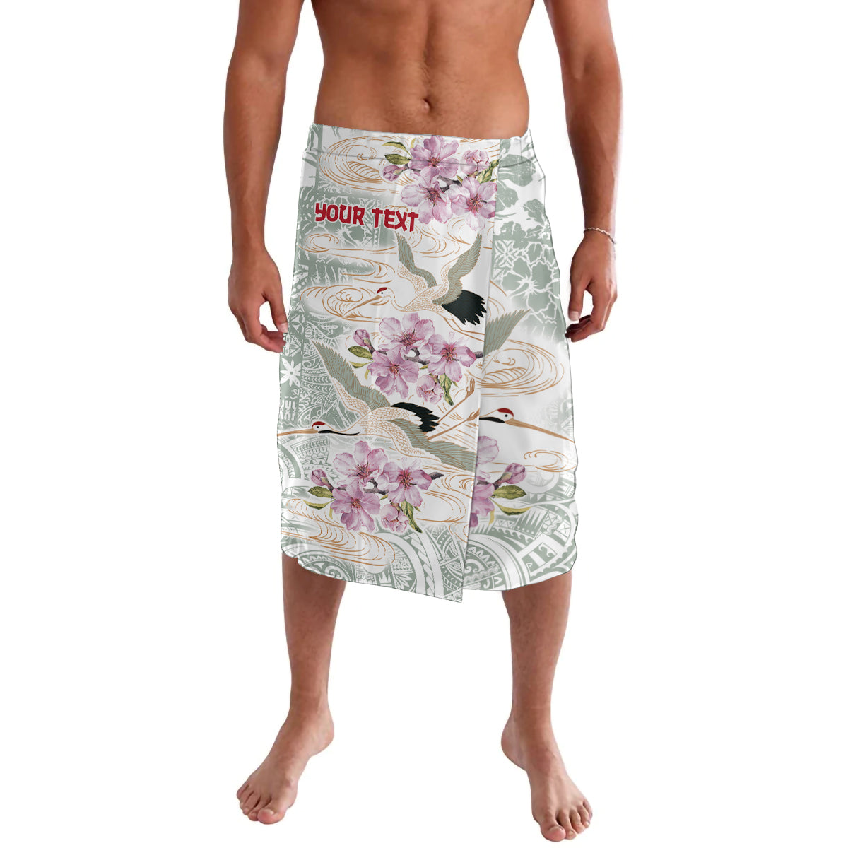 Men's lavalava skirt with bird-and-flower print, pink blossoms on green-gray base