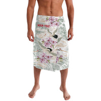 Men's lavalava skirt with bird-and-flower print, pink blossoms on green-gray base