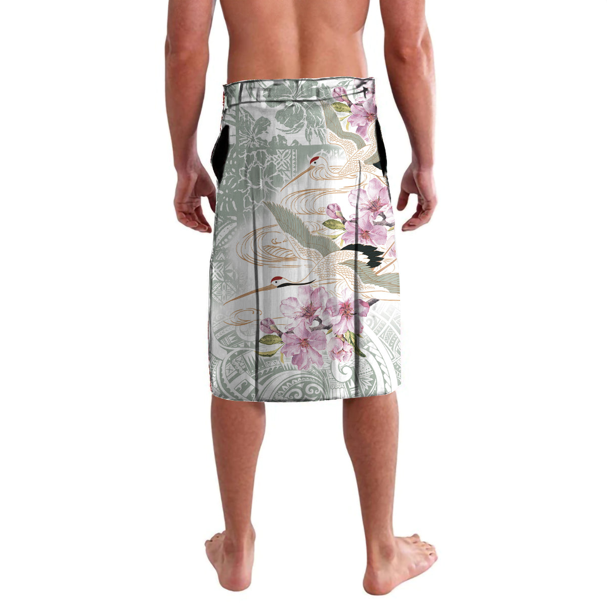 Men's lavalava skirt with bird and floral print, green and pink, knee-length