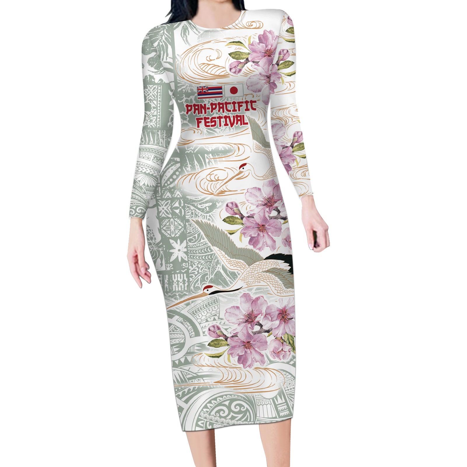 Personalized Japanese Shirasagi Bird Long Sleeve Bodycon Dress Sakura and Hibiscus Polynesian Pattern - Wonder Print Shop