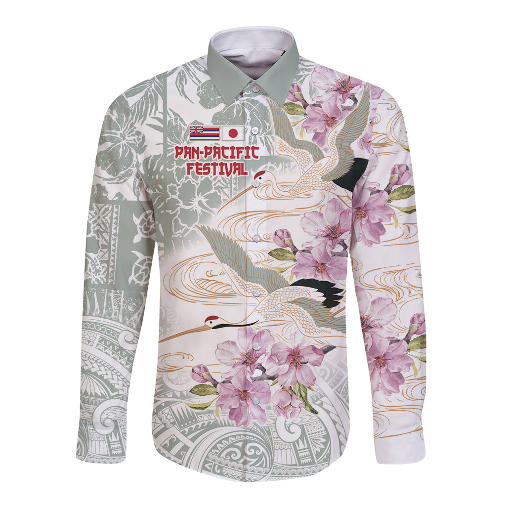 Unisex long-sleeve button shirt, white with pink hibiscus bird print