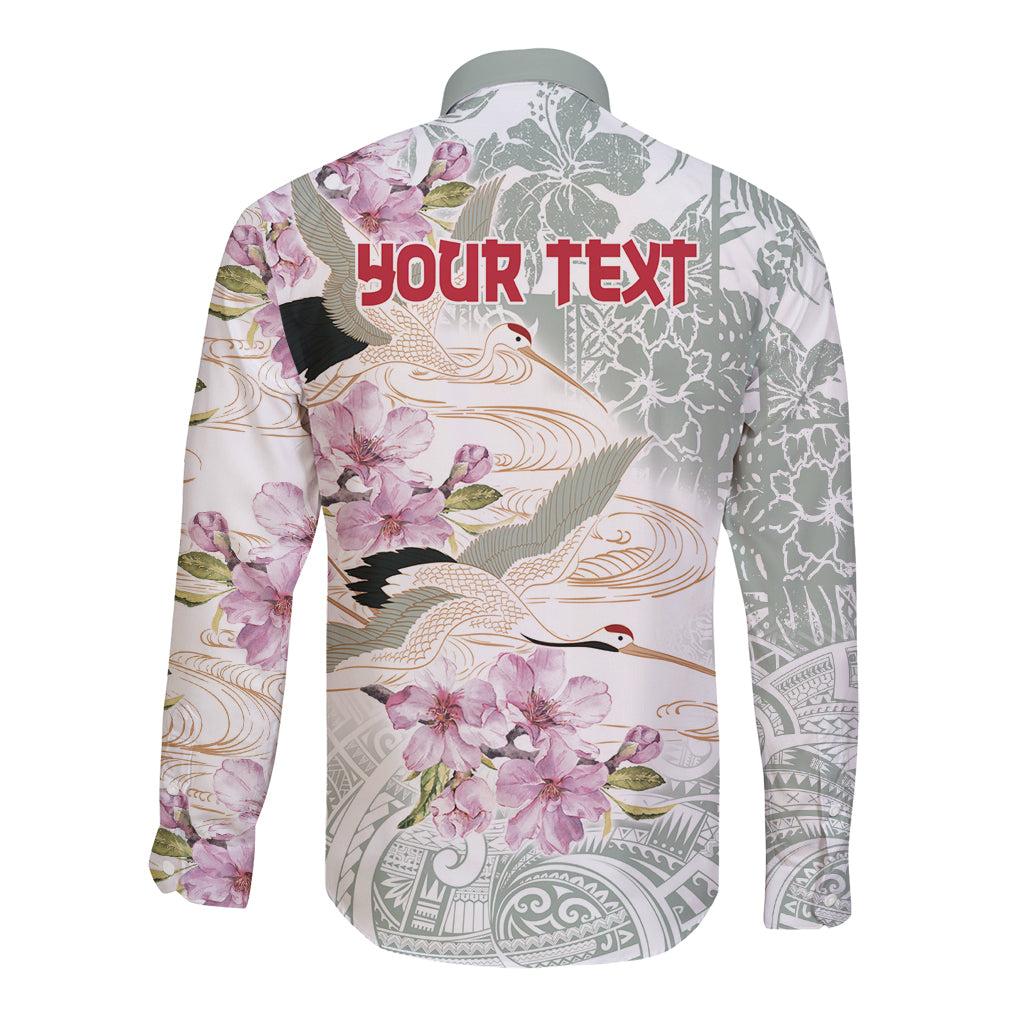 Unisex long-sleeve button shirt back, white with bird and hibiscus graphic, text spot