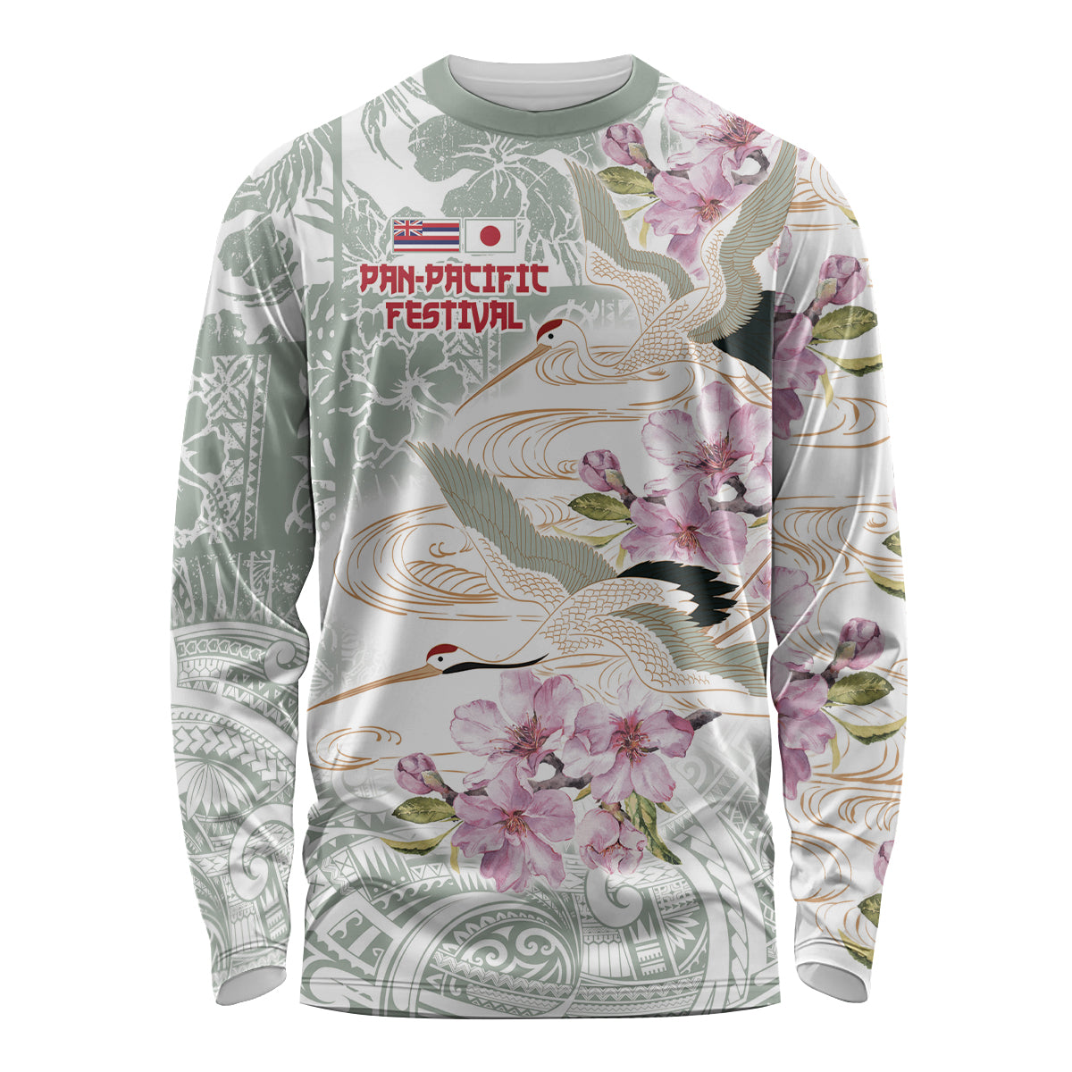 Personalized Japanese Shirasagi Bird Long Sleeve Shirt Sakura and Hibiscus Polynesian Pattern - Wonder Print Shop