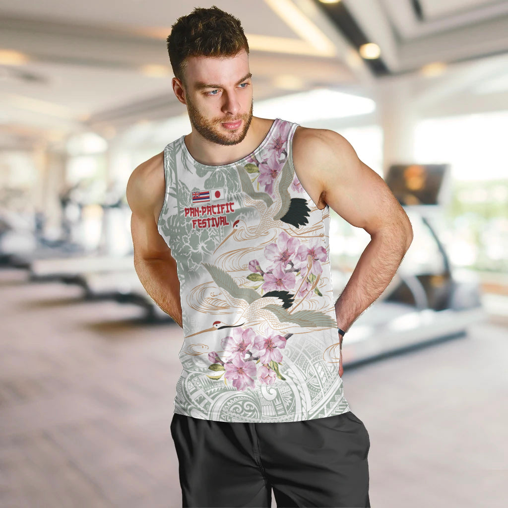 Personalized Japanese Shirasagi Bird Men Tank Top Sakura and Hibiscus Polynesian Pattern - Wonder Print Shop