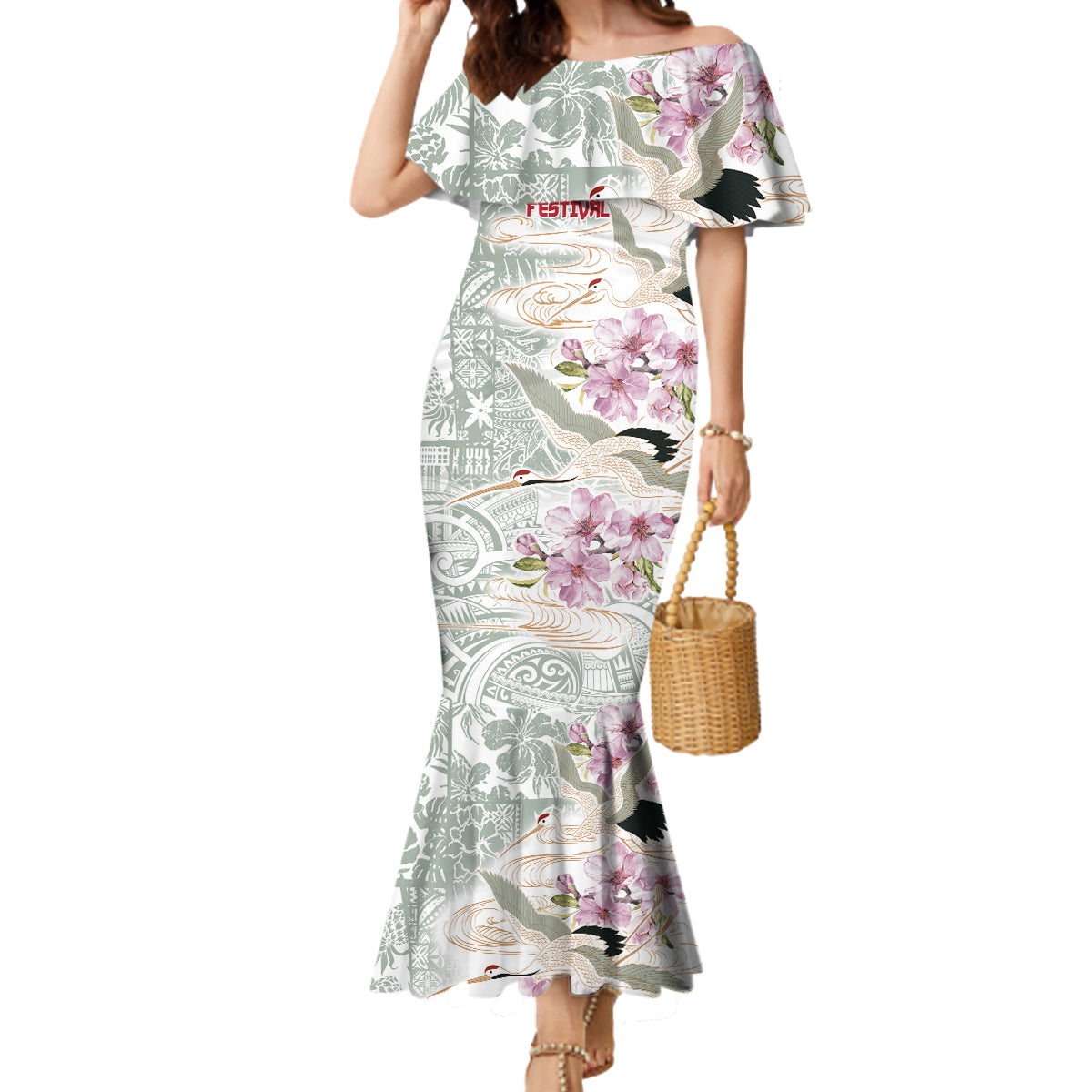 Personalized Japanese Shirasagi Bird Mermaid Dress Sakura and Hibiscus Polynesian Pattern - Wonder Print Shop