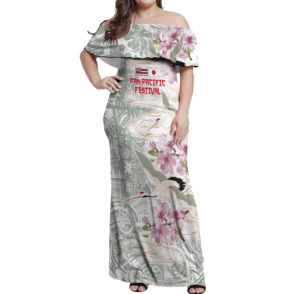 Personalized Japanese Shirasagi Bird Off Shoulder Maxi Dress Sakura and Hibiscus Polynesian Pattern - Wonder Print Shop