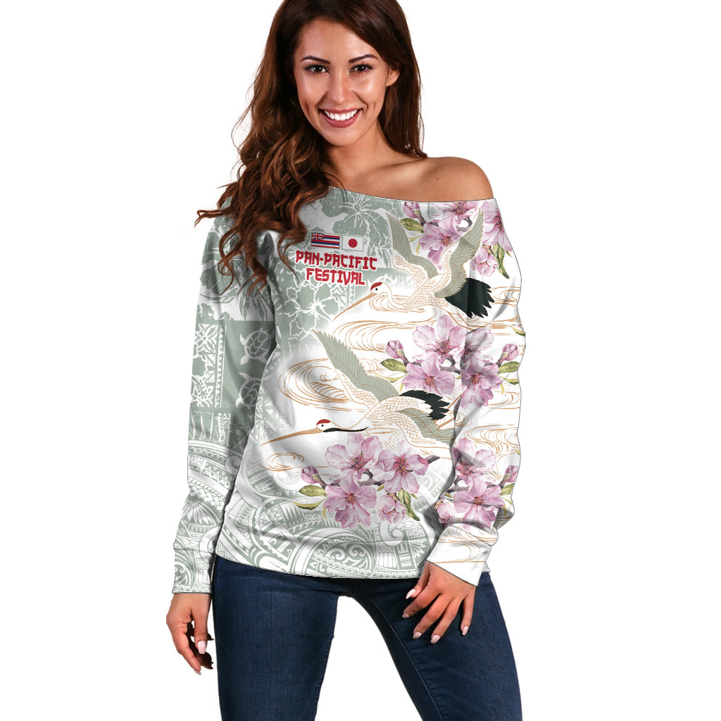 Personalized Japanese Shirasagi Bird Off Shoulder Sweater Sakura and Hibiscus Polynesian Pattern - Wonder Print Shop