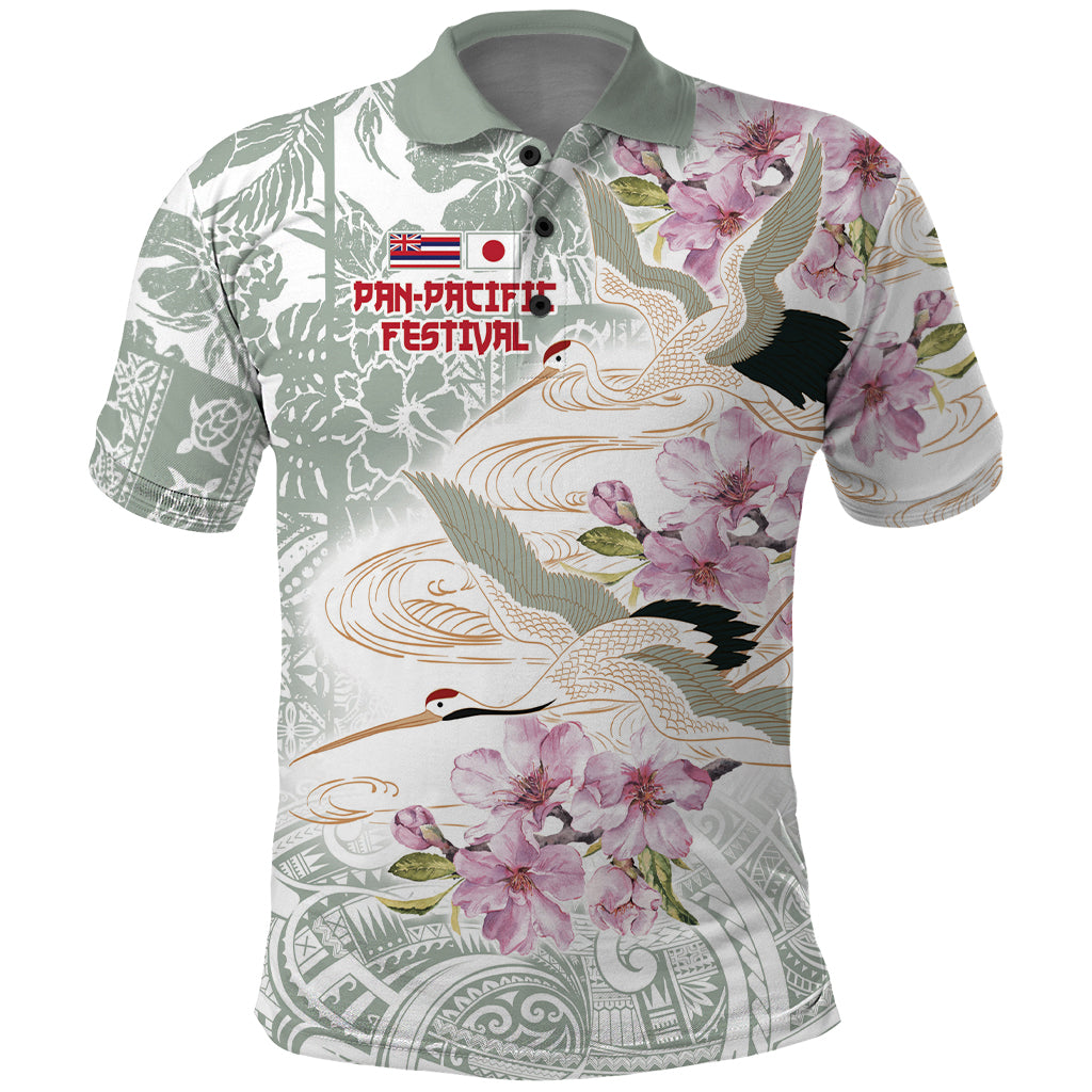 Personalized Japanese Shirasagi Bird Polo Shirt Sakura and Hibiscus Polynesian Pattern - Wonder Print Shop