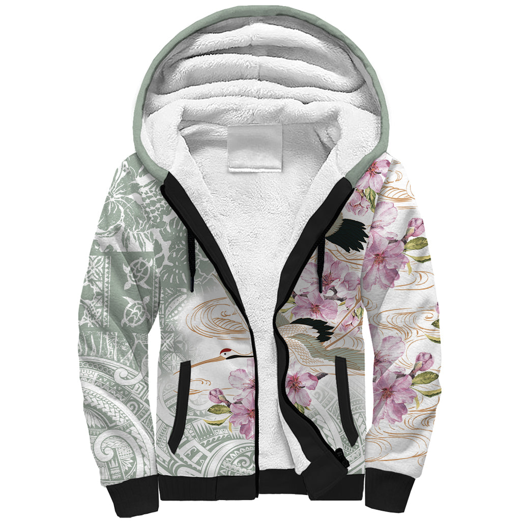 Personalized Japanese Shirasagi Bird Sherpa Hoodie Sakura and Hibiscus Polynesian Pattern - Wonder Print Shop