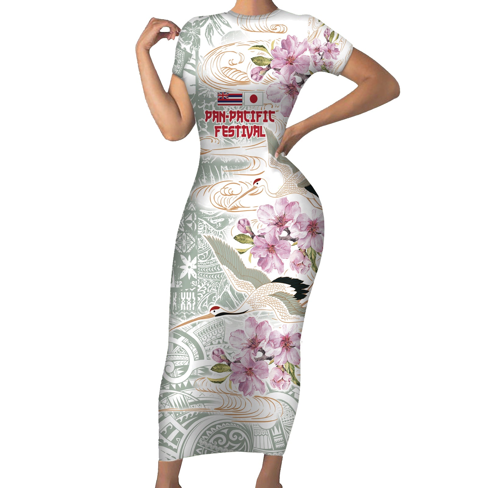 Personalized Japanese Shirasagi Bird Short Sleeve Bodycon Dress Sakura and Hibiscus Polynesian Pattern - Wonder Print Shop