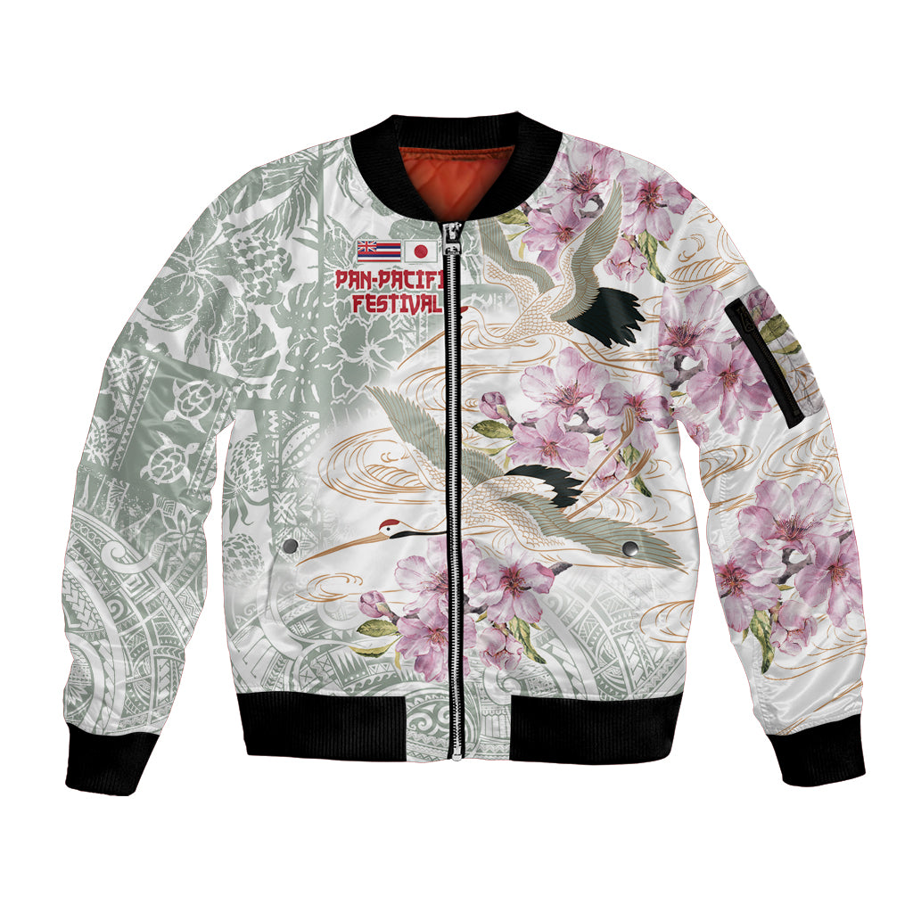 Personalized Japanese Shirasagi Bird Sleeve Zip Bomber Jacket Sakura and Hibiscus Polynesian Pattern - Wonder Print Shop