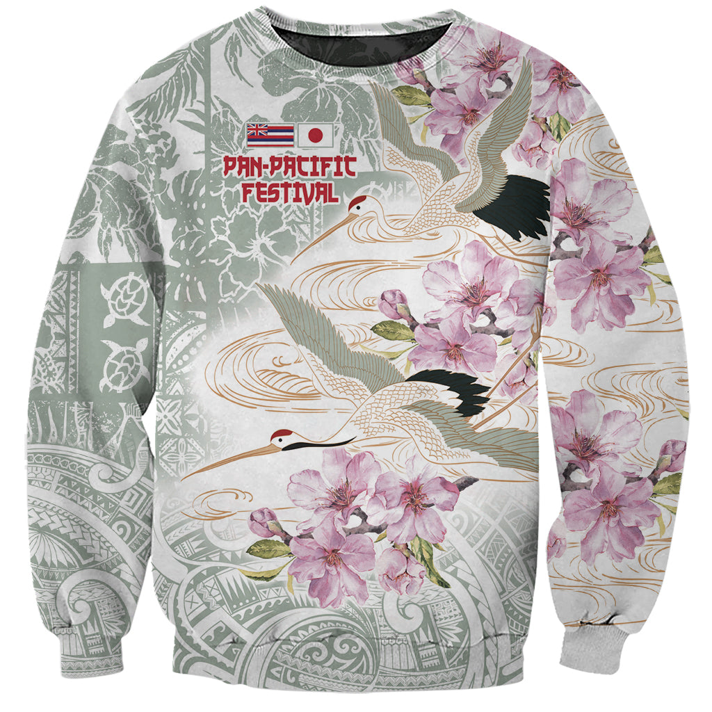 Long-sleeve crewneck sweatshirt with crane bird, sakura and hibiscus floral print