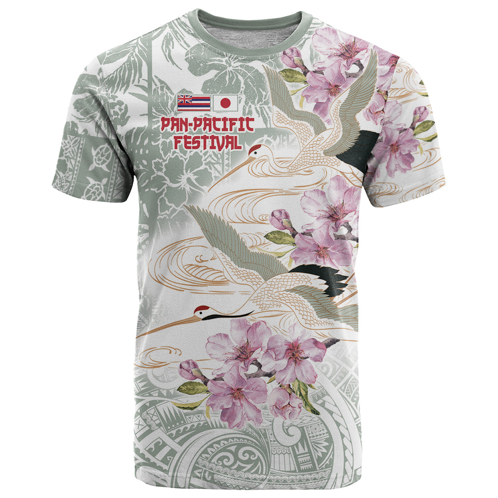 Personalized Japanese Shirasagi Bird T Shirt Sakura and Hibiscus Polynesian Pattern - Wonder Print Shop