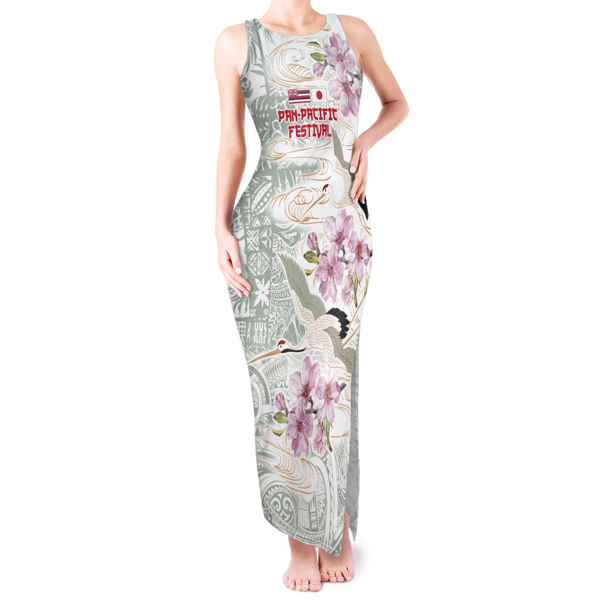 Personalized Japanese Shirasagi Bird Tank Maxi Dress Sakura and Hibiscus Polynesian Pattern - Wonder Print Shop