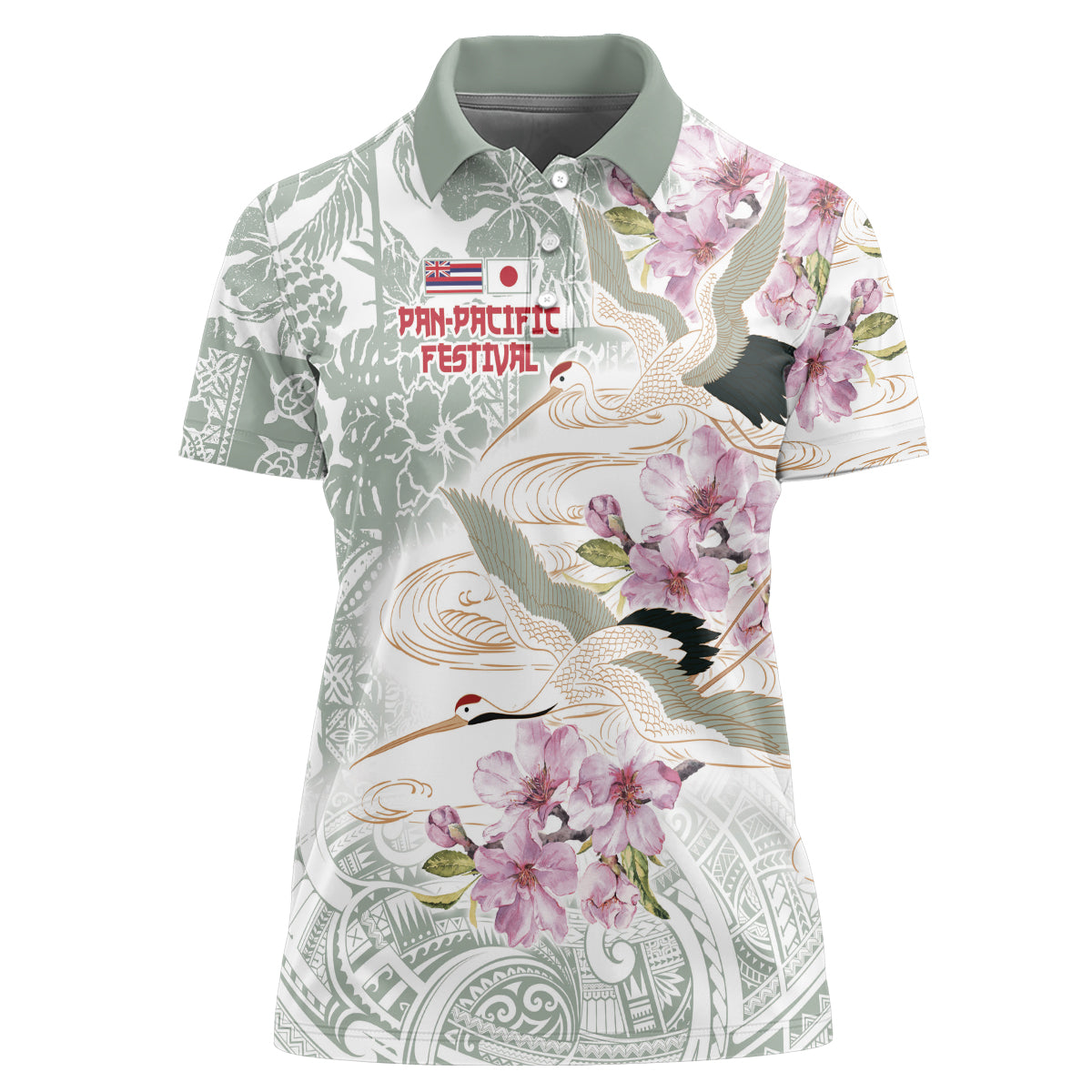 Personalized Japanese Shirasagi Bird Women Polo Shirt Sakura and Hibiscus Polynesian Pattern - Wonder Print Shop