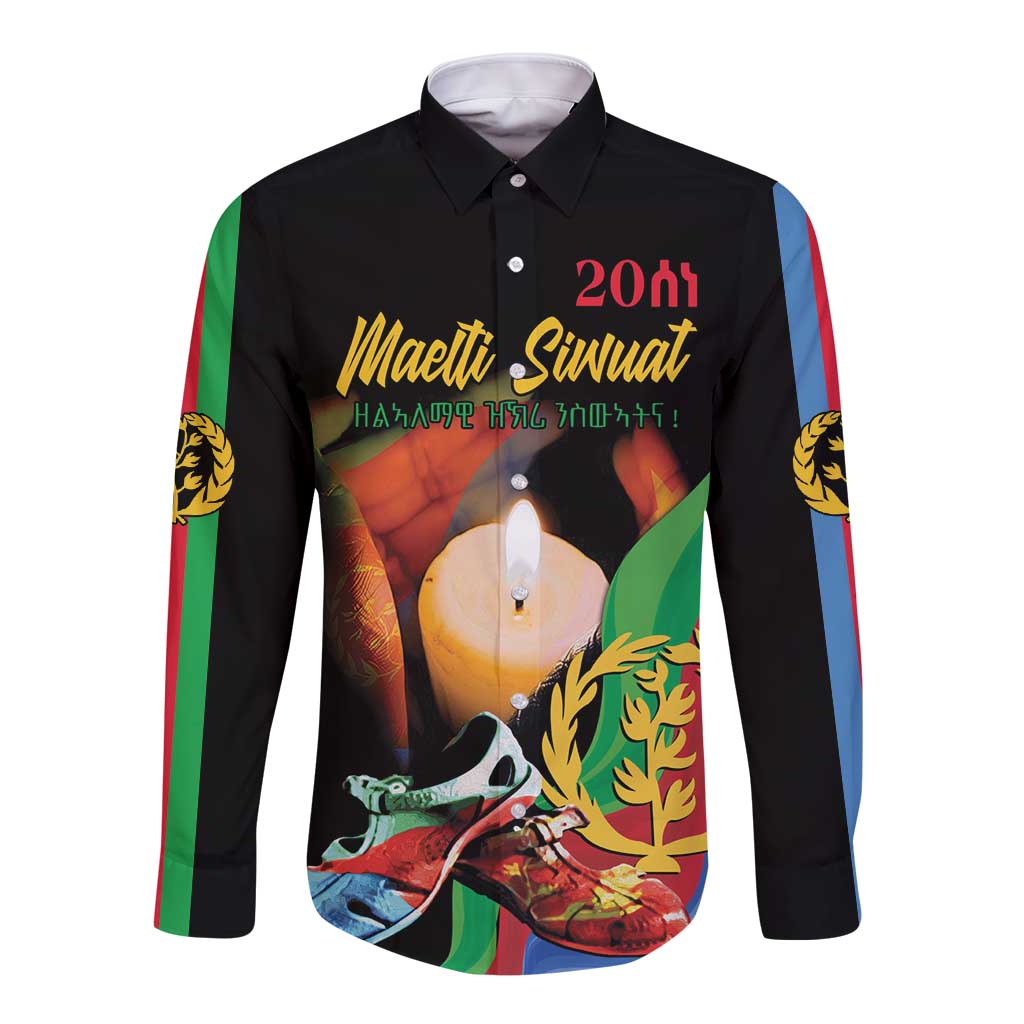 Black long-sleeve button shirt with front graphic and Eritrea flag side accents