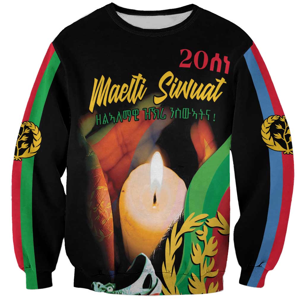 Black crewneck sweatshirt with colorful Maelti Siwuat graphic and candle flame front