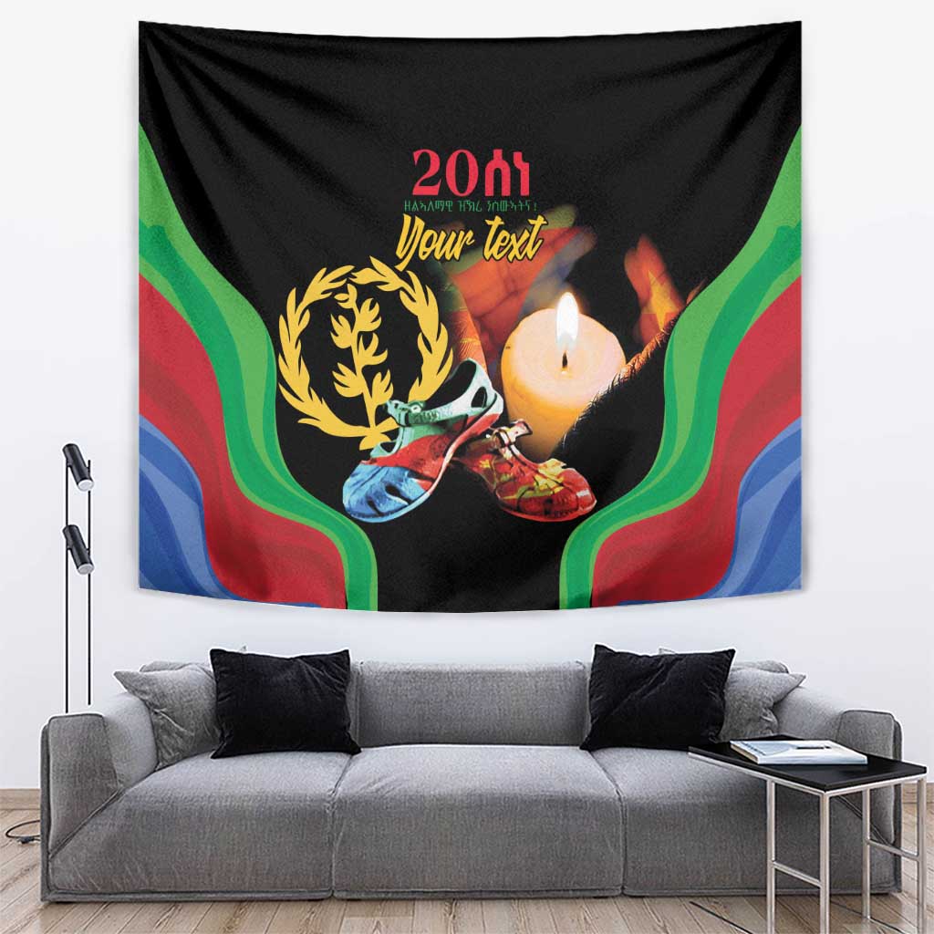 Black tapestry with laurel, candles, and red/green/blue wavy border; Your text