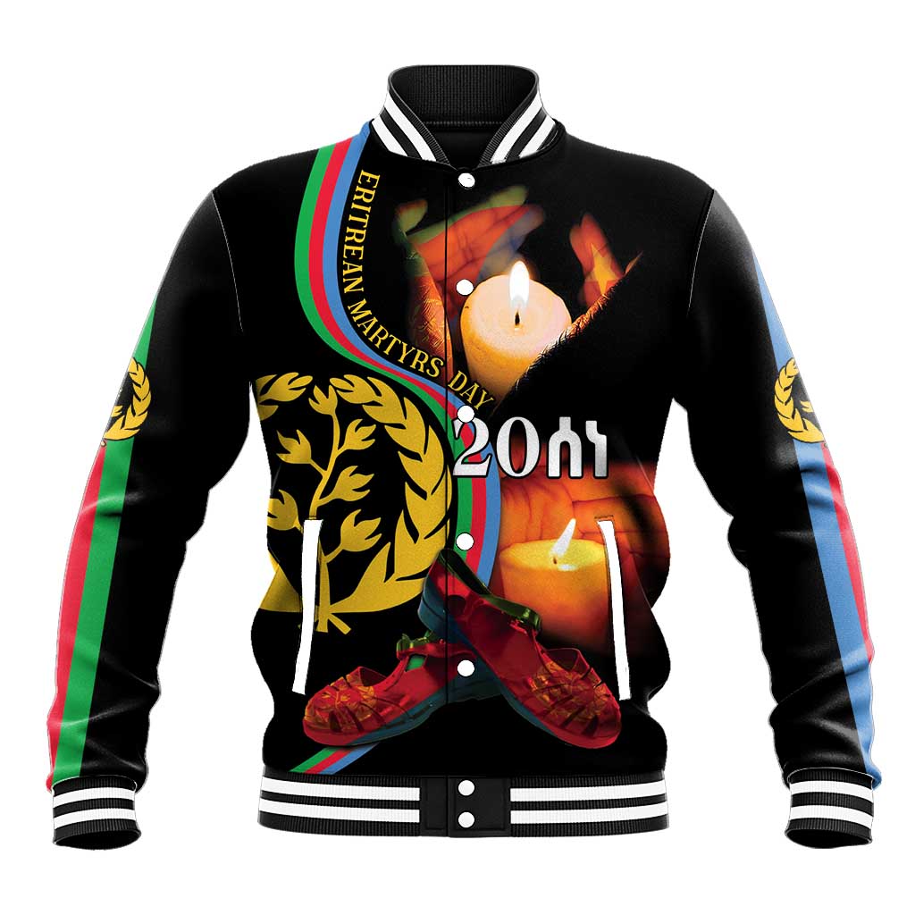Black unisex baseball jacket with graphic of candles, flames, and Eritrea-themed shield