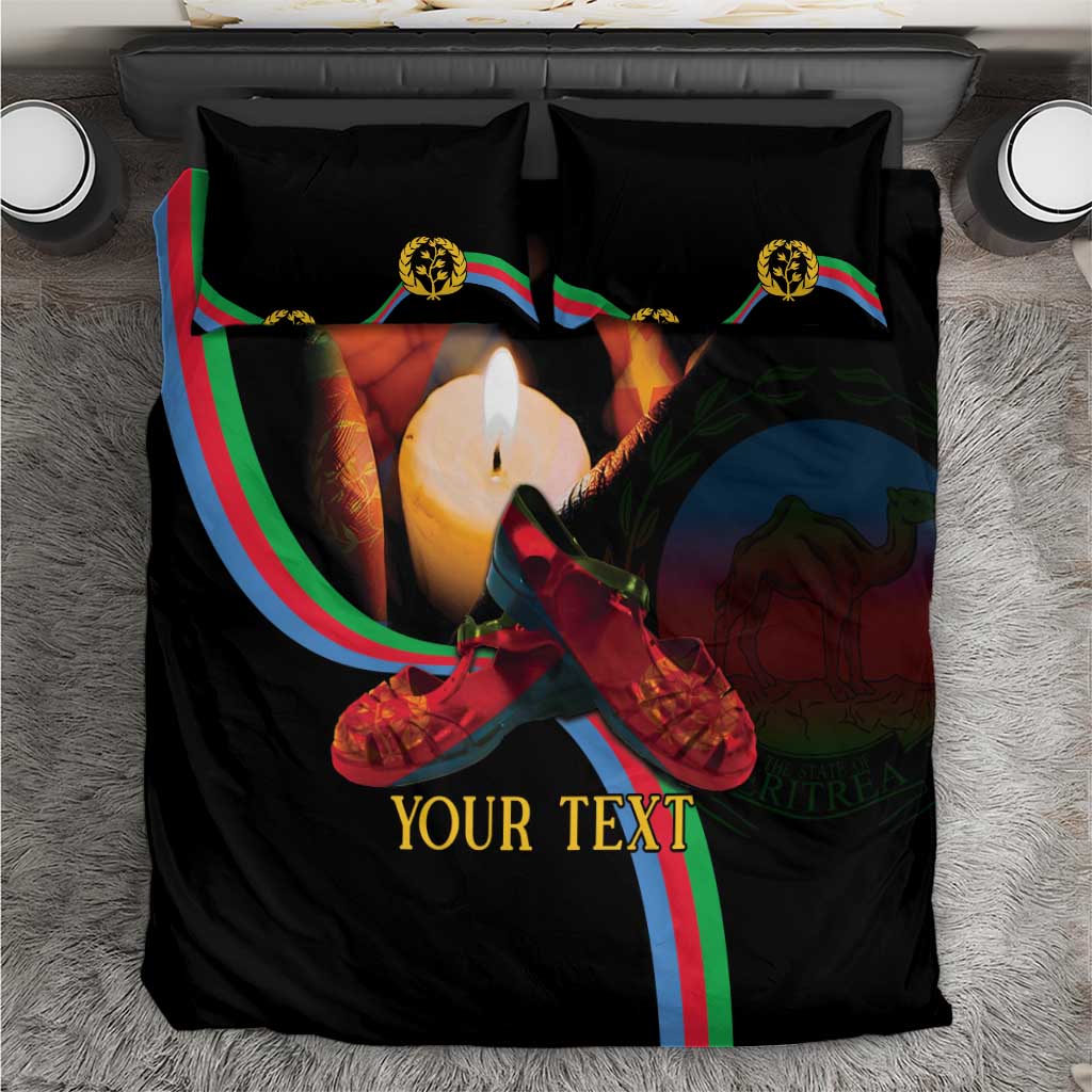 Black bedding set close-up with candle and red shoes design and multicolor flag stripe panels