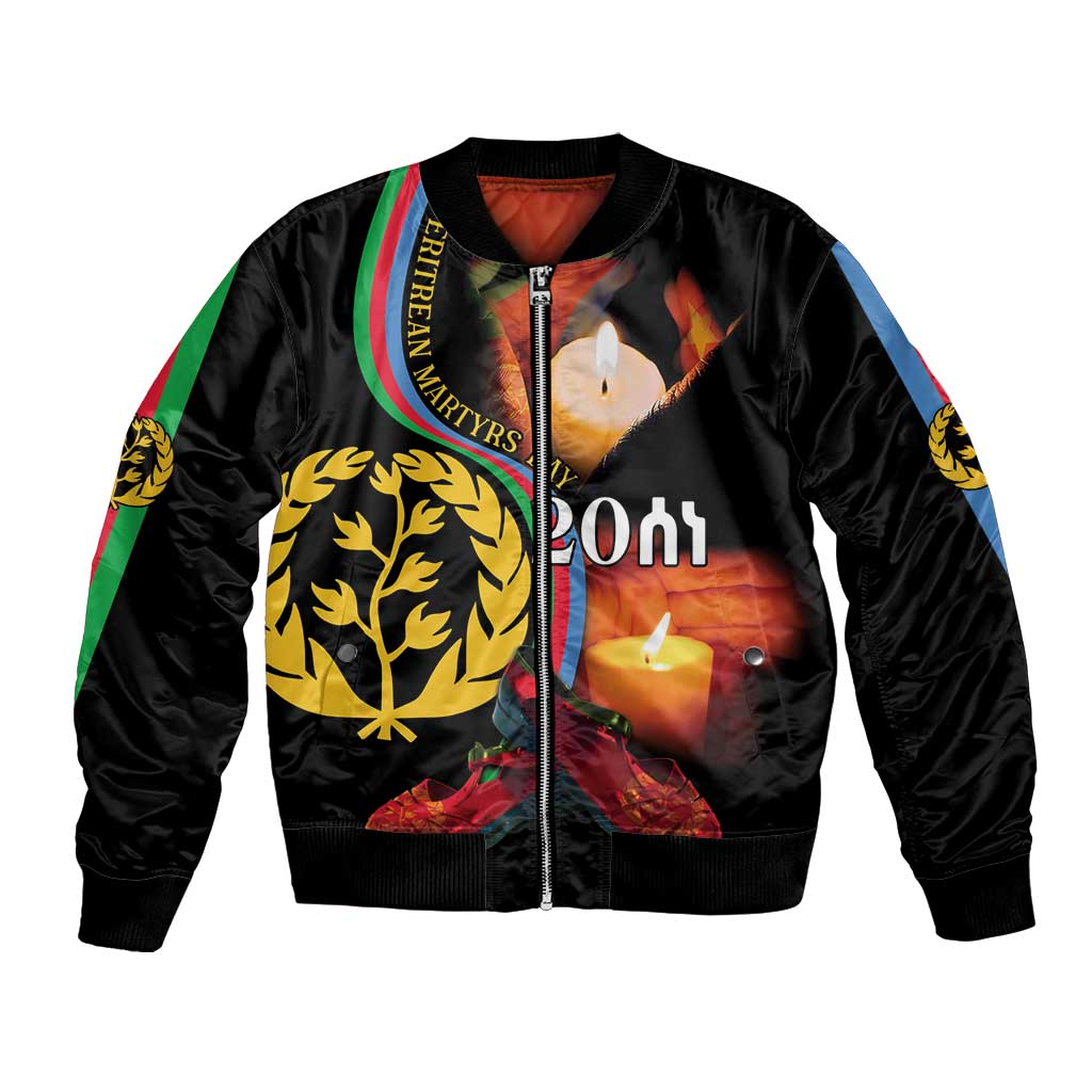 Black bomber jacket with front zipper and candle, torch, and crest graphic