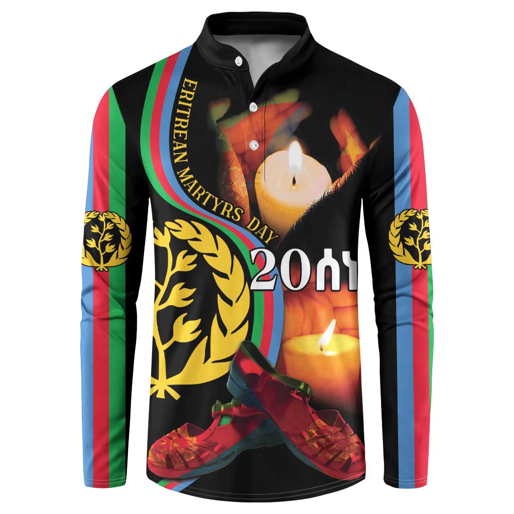 Black button henley sweatshirt with colorful Eritrea memorial candle graphic on front