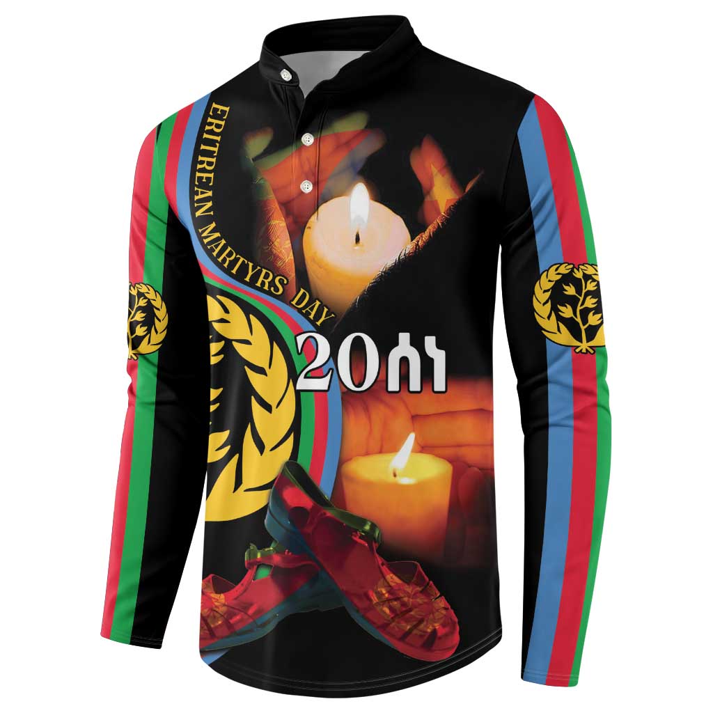 Black button henley sweatshirt with candle-and-20th memorial graphic centered
