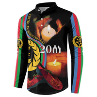 Black button henley sweatshirt with candle-and-20th memorial graphic centered