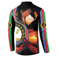 Black button henley sweatshirt with circular wreath and candle graphic on back